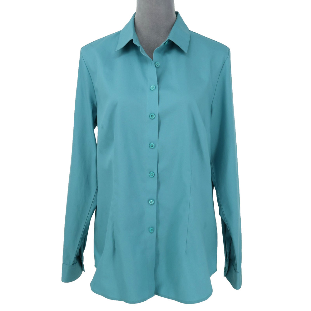 Coldwater Creek Top Womens 14 Blue Green Cotton No Iron Button Up Blouse Career